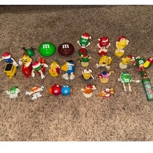 M&M Candy Dispensers Toys Figurines Christmas Holiday Collectibles Lot of 22